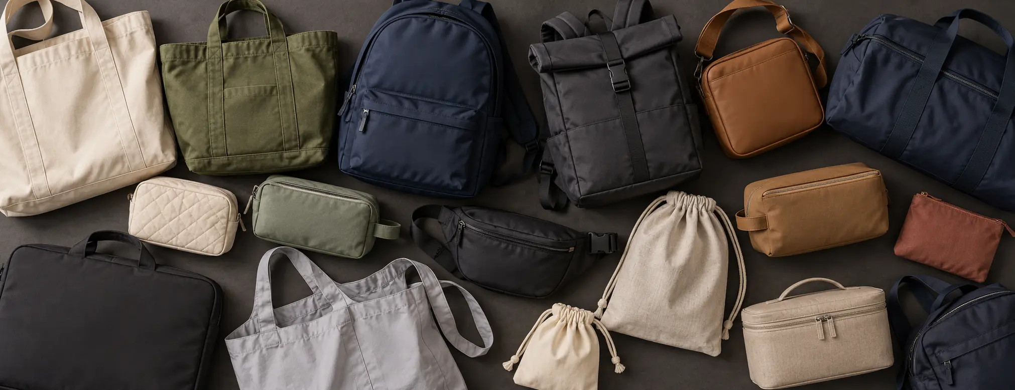 An assortment of canvas totes, backpacks, travel duffels, cosmetic pouches and drawstring bags